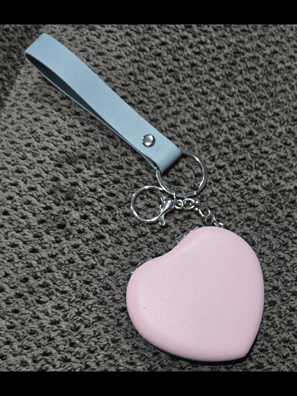 Double Sided Compact Mirror Blue Glitter Keychain Wristlet Heart Shaped